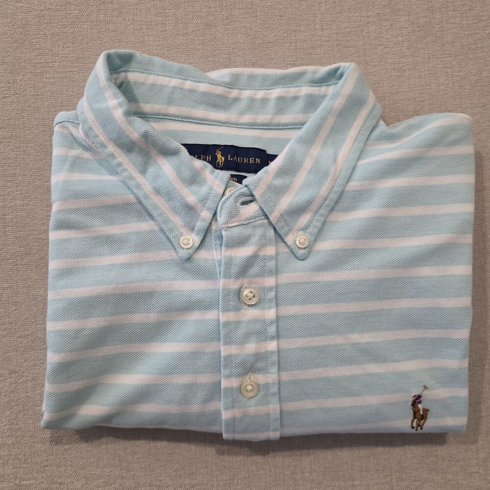 Ralph Lauren Polo Shirt Mens 2XL Knit Oxford Blue White Striped